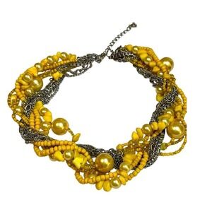 Silver tone Beaded Necklace Chunky Multi Strand Layered Chain Yellow Boho